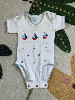 Vintage Baby Dior Sailboat One-Piece Bodysuit with Blue stitched Trim